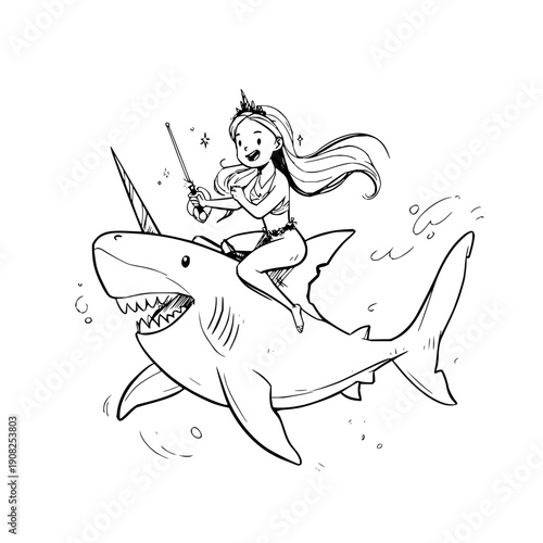 Mermaid Riding Shark with Trident Underwater