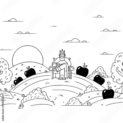 King Sitting on Throne in Apple Orchard under Sunset