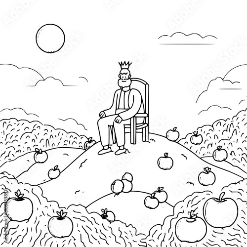 King Sitting on Hill Surrounded by Apples in Field