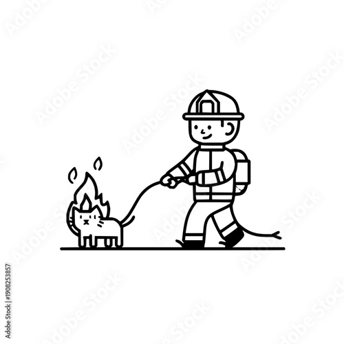 Firefighter Saving Cat from Fire with Hose