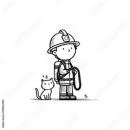 Firefighter Boy Standing with Cat Wearing Helmet