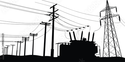 Silhouette of Electrical Substation with Power Lines and Transmission Tower electricity