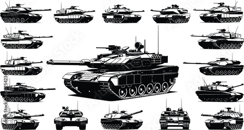 Collection of modern military battle tank silhouettes and detailed line art illustrations for armored vehicle warfare design and tactical combat graphics.