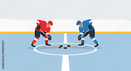 Two hockey players in red and blue uniforms face off at center ice, ready for a faceoff with the puck.