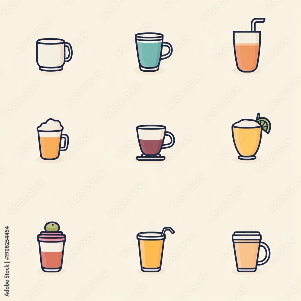 Fototapeta premium Minimal Flat Beverage Icon Set – Cute Line Art Drink Illustrations on Neutral Background