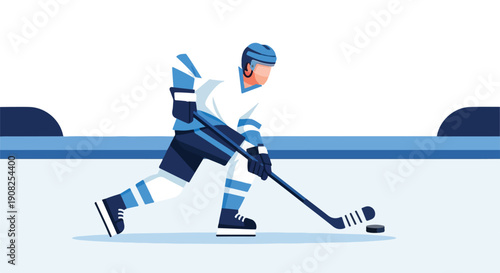 Flat illustration of a hockey player skating on ice and controlling the puck with his stick during a game