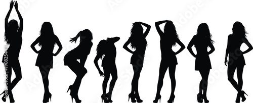 Fashion Women Silhouette Set Featuring Stylish Female Models in Elegant Poses with High Heels Isolated on White Background