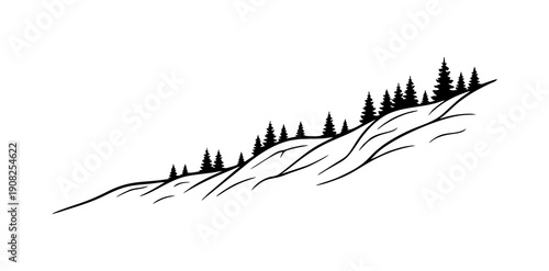 Illustration of a serene hillside landscape with trees and rolling hills viewed from a distance
