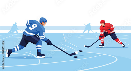 Two ice hockey players in dynamic action on a rink, competing for the puck during a professional winter sport game. Flat vector illustration.