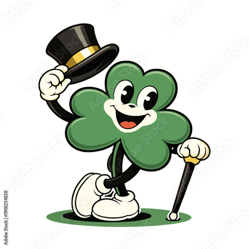 Gentleman Shamrock Character with Top Hat. Vintage St. Patrick's Day Vector