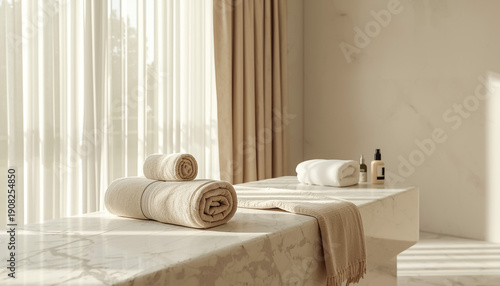 Serene Spa Setting with Rolled Towels and Marble Tables