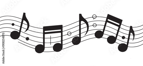 Abstract musical notes wave pattern black silhouette on white background artistic flow melody rhythm graphics