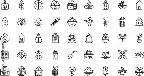 Diverse Hand-Drawn Icons Representing Plants, Gardening, and Healthy Living
