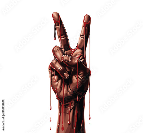 Bloody hand making peace sign illustration with dripping blood horror concept isolated on white background for halloween design