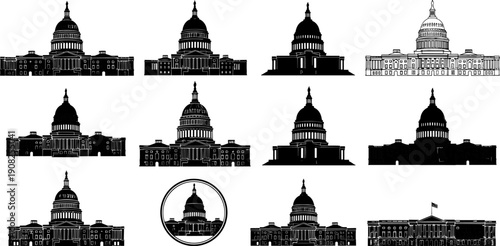 Collection of United States Capitol building icons in various styles including black silhouettes and detailed line art for government architectural design.