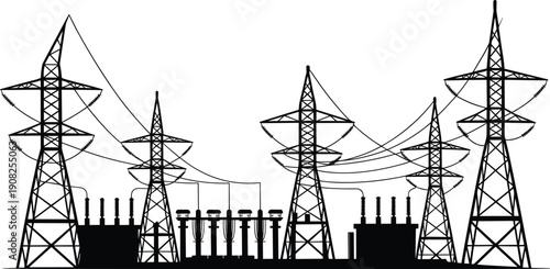Silhouette of electrical substation with power line towers and transformers electricity energy