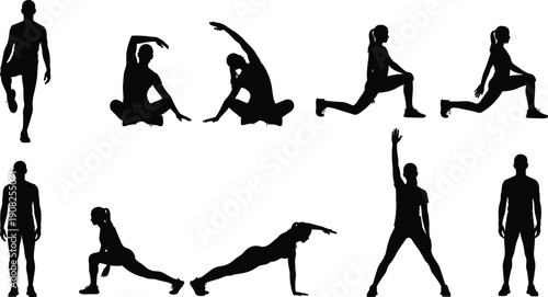 Fitness Silhouette Set of Men and Women Performing Stretching, Lunges, Plank and Warm Up Exercises Isolated on White Background