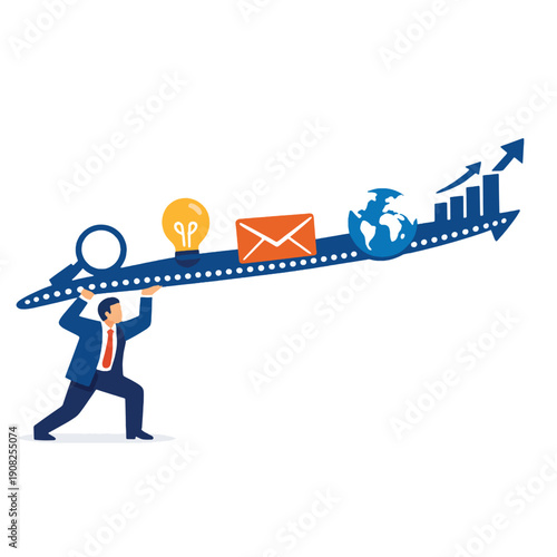 Businessman balances business growth with essential elements, progress