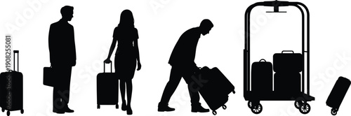 Travelers with Luggage Silhouette Set, Business and Tourist People Carrying Suitcase at Airport or Hotel Transportation Concept