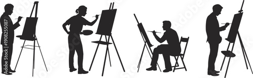 Artist Painting on Easel Silhouette Set Vector Illustration Isolated on White Background, Creative Art, Drawing and Painting Activity Concept