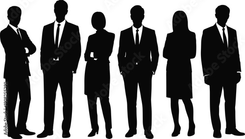 Silhouette of six business professionals standing in a line on white background people team