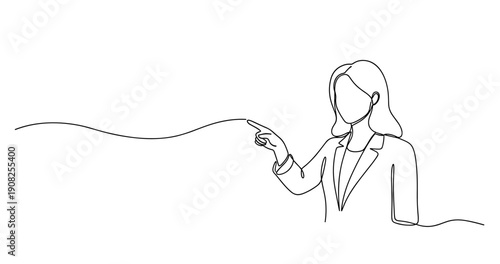 Continuous line drawing of caucasian female adult pointing in business attire. No editable stroke