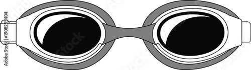 Cartoon swimming goggles front view, technical gear illustration, symmetrical design, adjustable strap, waterproof seal, sports accessory, eye protection