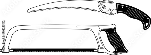 Hand saw and hacksaw illustration set, woodworking cutting tools outline drawing isolated on white background vector equipment design