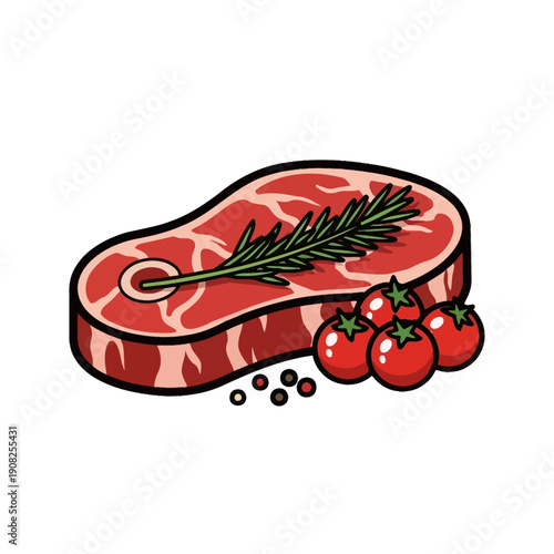 Raw Beef Steak with Tomatoes, Rosemary and Peppercorns - Illustration