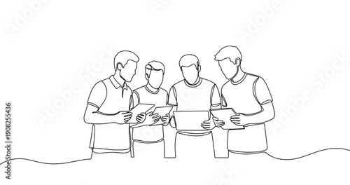 Group of young caucasian males collaborating with tablets in line art. No editable stroke