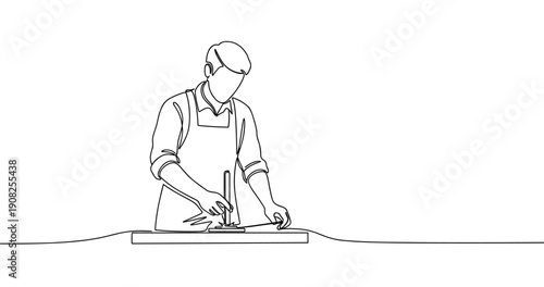 Line drawing of caucasian male artisan working with wood in apron. No editable stroke