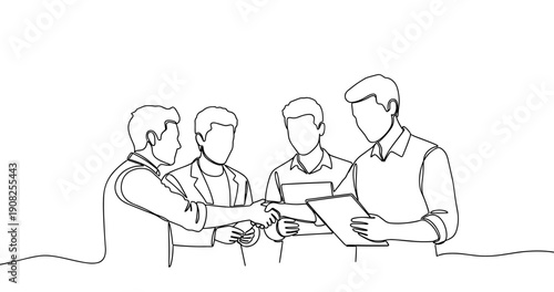 Business collaboration: four young adult males in professional discussion and agreement. No editable stroke