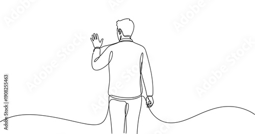 Continuous line drawing of caucasian male adult waving goodbye. No editable stroke
