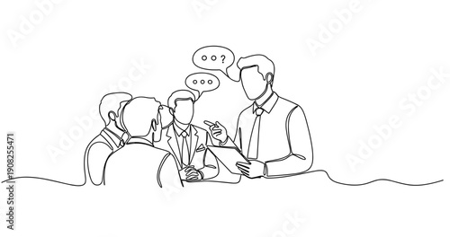 Team meeting discussion: diverse male adults collaborating on ideas. No editable stroke