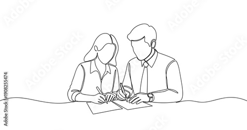 Line art of two adults collaborating on a project. No editable stroke