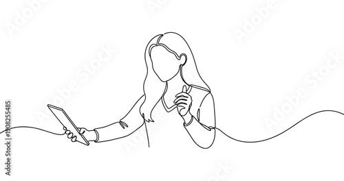 Continuous line drawing of female holding tablet and pen. No editable stroke