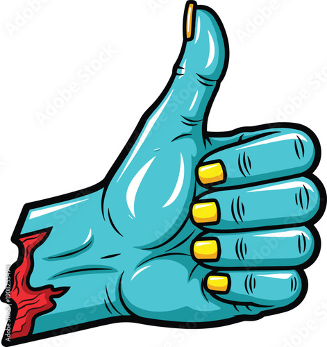Cartoon zombie hand giving thumbs up illustration with torn wrist horror concept isolated on white background for halloween design