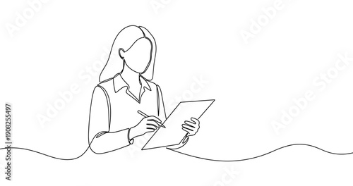 Continuous line drawing of young female figure holding tablet. No editable stroke