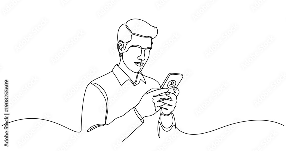 Obraz premium Line art of young caucasian male using smartphone with messaging icon. No editable stroke