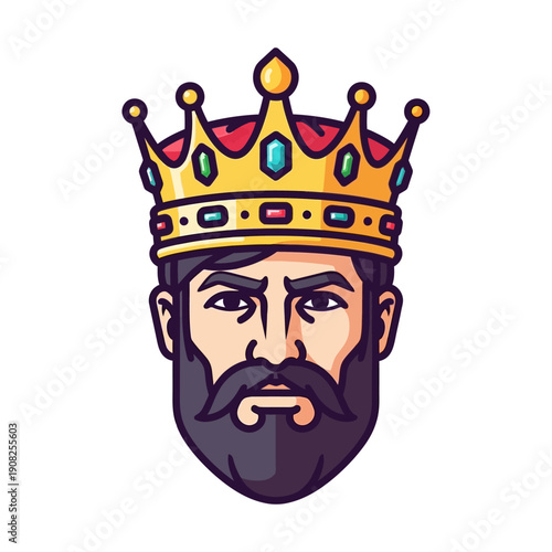Cartoon King Face with Golden Crown and Beard - Royalty Icon