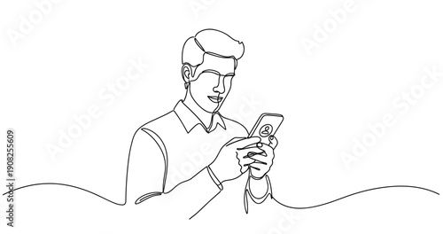 Line art of young caucasian male using smartphone with messaging icon. No editable stroke