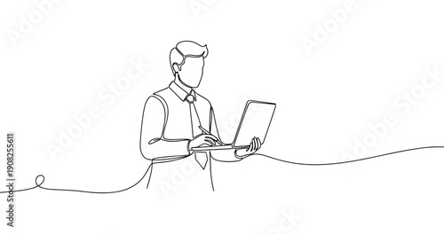 One-line art of male using laptop in business attire. No editable stroke