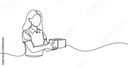 Female holding package line art illustration. No editable stroke