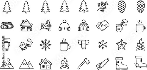 Winter Outline Icons Set. Cozy Cabin, Christmas Tree, Outdoor Gear, Snowflakes, Mittens, Boots, Campfire, Pine Cone, and Hot Drink Line Art Collection.