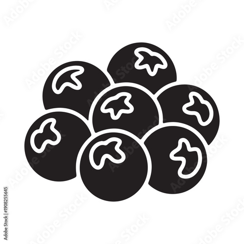 A simple black and white illustration depicting a cluster of round blueberries clearly outlined