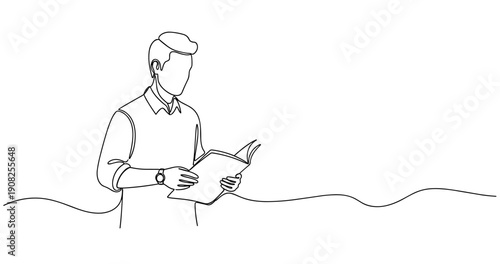 Line drawing of young caucasian male reading a book with minimalist style. No editable stroke