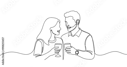 Line art couples portrait: romantic moment with drink glasses, young caucasian adults smiling. No editable stroke