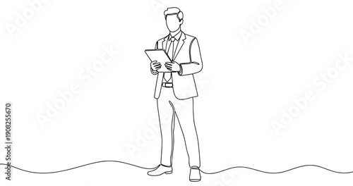 Outline of caucasian male adult in business suit holding tablet. No editable stroke