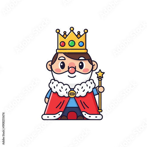 Cute Cartoon King Character with Crown and Scepter, Vector Illustration