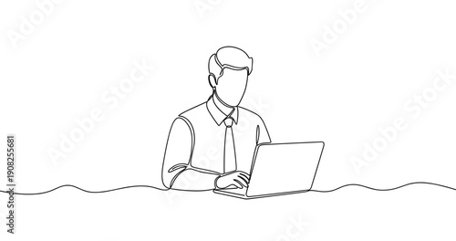 Line art of caucasian male working on laptop at desk. No editable stroke